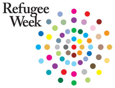 Refugee Week Logo. Multicoloured dots in radial circle pattern