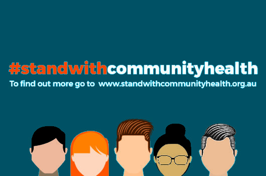 #standwithcommunityhealth tagline and cartoon graphic of group of people