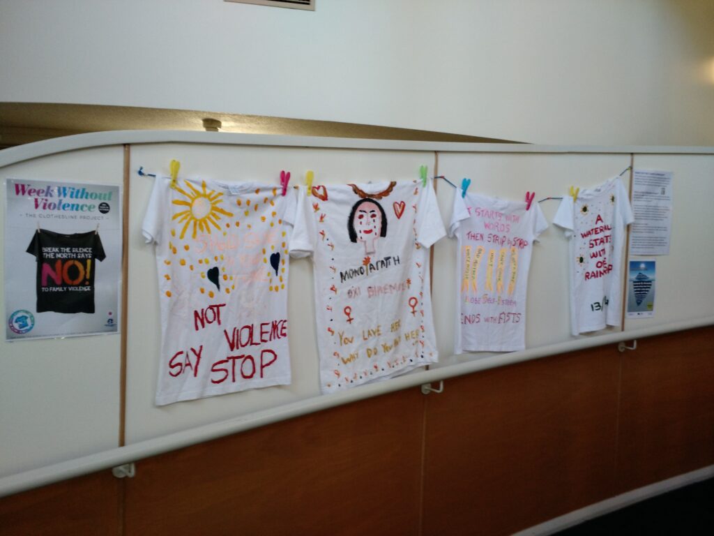 T-shirts displayed at our health centres with messages of strength and resilience from victim survivors of family violence.
