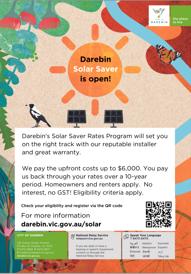 Poster explaining Darebin's Solar Saver program