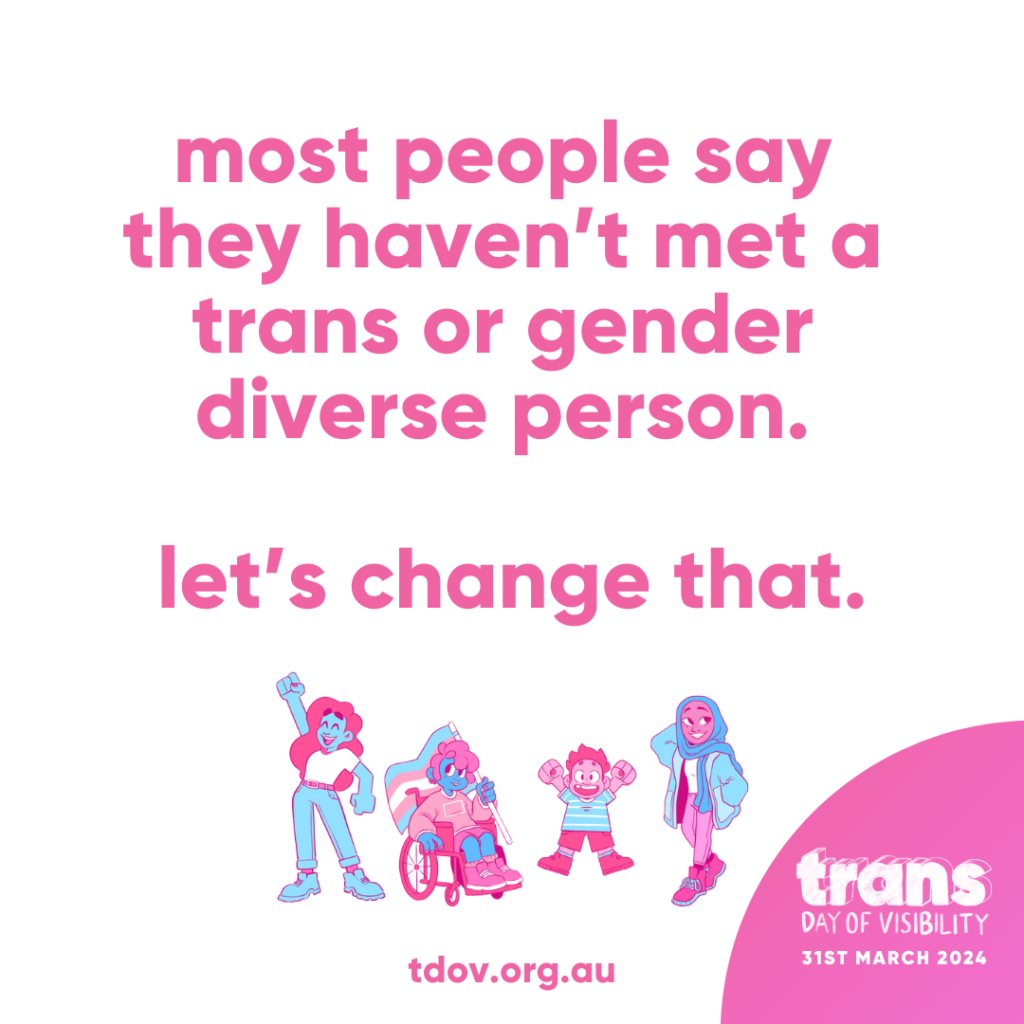 [Image Description: White background with pink text that reads: ‘most people say they haven’t met a trans or gender diverse person. Let’s change that.’ Under the text are illustrations of people in pink, blue and white, smiling and posing. Under the illustrations of the people is pink text that reads: ‘tdov.org.au’. In the bottom right corner is a pink quarter circle with white text inside that reads: ‘trans day of visibility 31st March 2024’.]